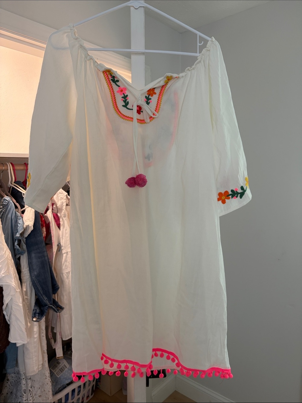 Easel White Embroidered Pom-Pom boho Tunic Dress - Neon Accent nwt